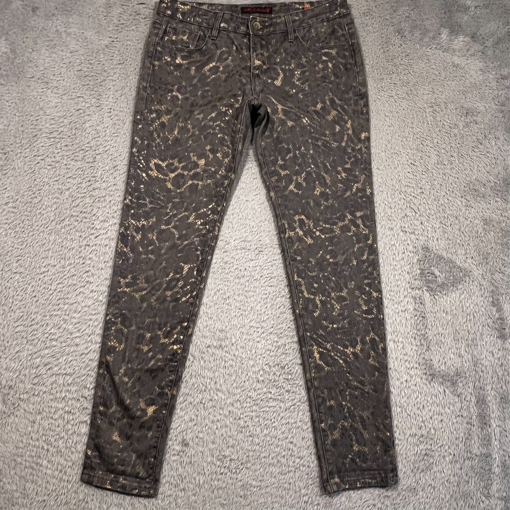Cult of Individuality Zen Slim Curvy Jeans Metallic Leopard Gold‎ Grey Womens 28